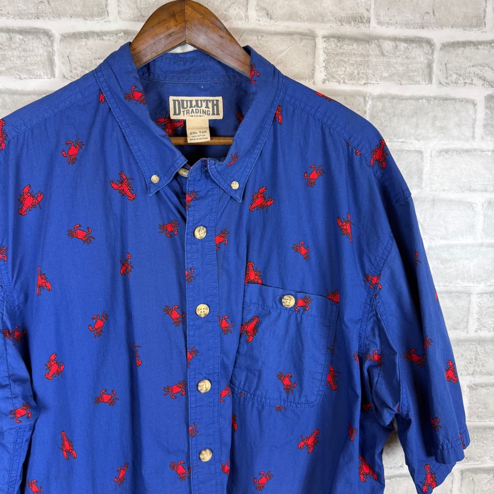 Duluth Trading Co Mens 2XL Tall Blue Lobster Crab Print Button Down Shirt Cotton